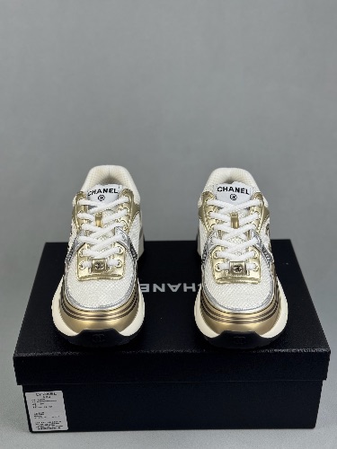 Chanel white and gold mesh CC logo runners — 3