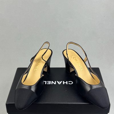 Chanel black goatskin and grosgrain cap-toe slingback heels — 4