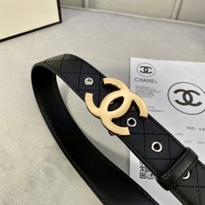 Chanel quilted leather belt featuring a prominent silver interlocking CC logo buckle — 8
