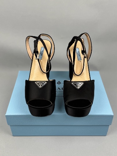 Prada black satin platform sandals with a triangle logo plaque — 3