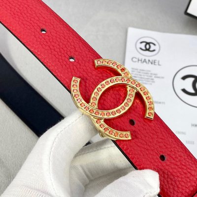 Chanel red leather belt featuring a crystal-embellished CC logo buckle — 7