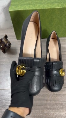 Gucci black leather GG Marmont fringed block heel pumps — 5