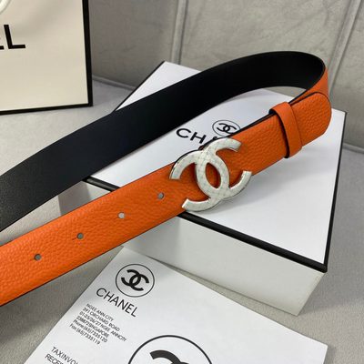 Chanel belt is crafted from orange textured leather and features a prominent gold-tone CC logo buckl — 5