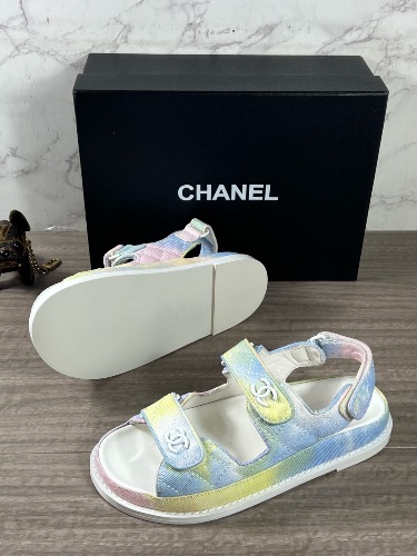 Chanel 22C Pastel Rainbow Fabric Dad Sandals
