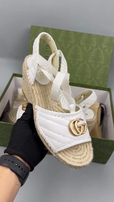 Gucci White Quilted Leather Espadrille Wedges with an ankle tie closure — 5