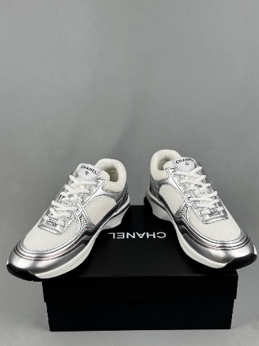 Chanel CC Logo Metallic Trainers in white and silver — 4