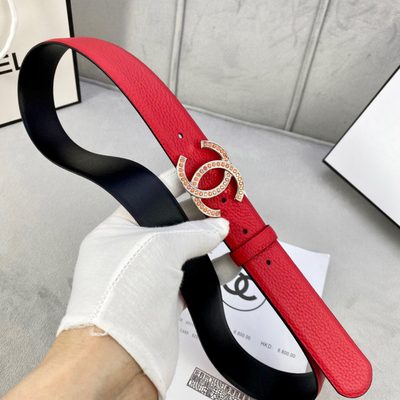 Chanel red leather belt featuring a crystal-embellished CC logo buckle — 3