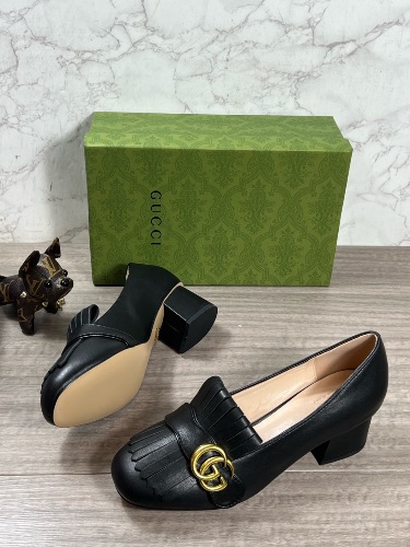 Gucci black leather GG Marmont fringed block heel pumps