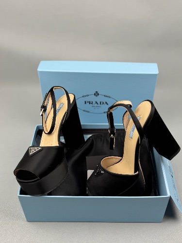 Prada black satin platform sandals with a triangle logo plaque