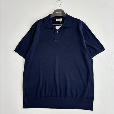Brunello Cucinelli navy blue fine-knitted short-sleeve polo shirt — 3