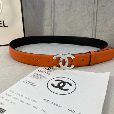 Chanel belt is crafted from orange grained calfskin leather and features a gold-tone interlocking CC — 5