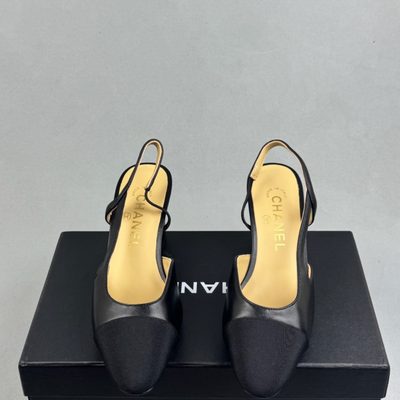 Chanel black goatskin and grosgrain cap-toe slingback heels — 3