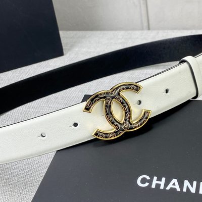 Chanel white reversible leather belt featuring a silver CC logo buckle — 8