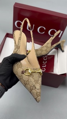 Gucci Horsebit slingback pumps in beige GG canvas — 5