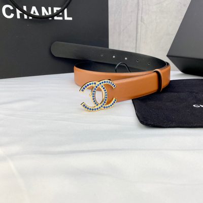 Chanel belt features a camel-colored leather strap and a gold CC logo buckle — 4