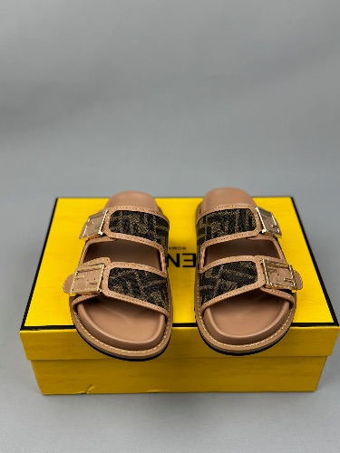 Fendi Feel slide sandals in brown fabric with leather trim — 3