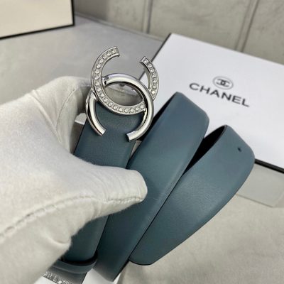 Chanel belt is crafted from light blue leather and features a prominent gold-tone CC logo buckle — 7