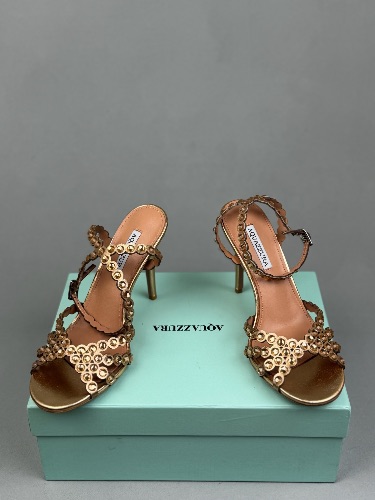 Aquazzura Tequila 85 or 105 embellished leather sandals in gold — 4