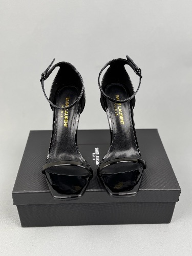 Saint Laurent Opyum sandals in black patent leather with gold-tone monogram heels — 3