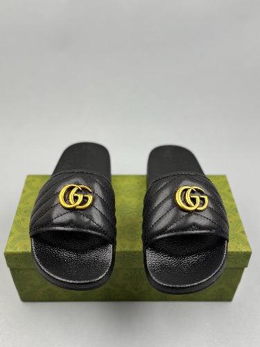 Gucci Black Leather GG Marmont Slides featuring a gold-toned Double G logo — 3