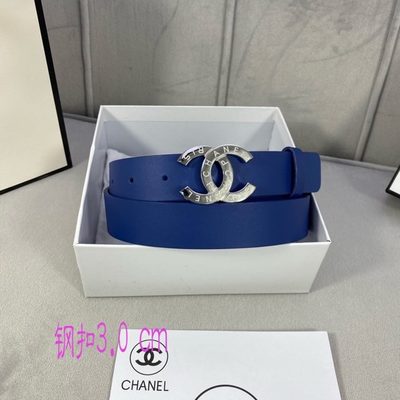 Chanel blue leather belt features a distinctive textured gold CC logo buckle — 5