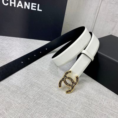 Chanel white reversible leather belt featuring a silver CC logo buckle — 7