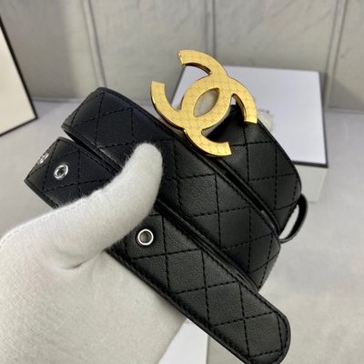 Chanel black quilted leather belt features a distinctive gold-toned CC logo buckle — 3