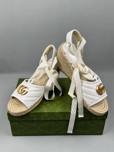 Gucci White Quilted Leather Espadrille Wedges with an ankle tie closure — 4