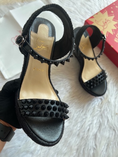 Christian Louboutin Madmonica Spiked Espadrille Wedge Sandals in black — 3