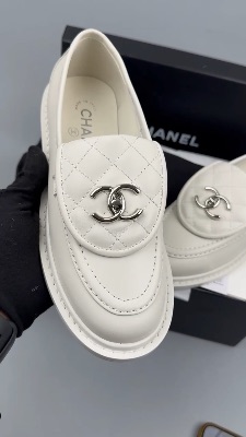 Chanel CC Turn Lock Loafers in white leather — 5