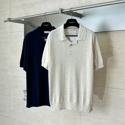Brunello Cucinelli navy blue fine-knitted short-sleeve polo shirt — 4