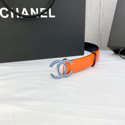Chanel orange grained calfskin belt featuring a silver-tone interlocking CC buckle with navy blue de — 5