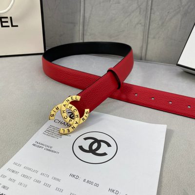 Chanel belt features vibrant red caviar calfskin leather paired with a gold-tone metal interlocking — 3