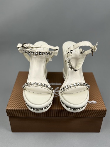 Christian Louboutin white leather Pyraclou studded wedge sandals — 3