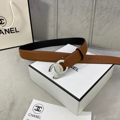 Chanel CC reversible belt features a tan and black calfskin strap with a silver-tone buckle — 4