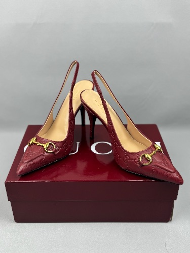 Gucci Erin GG horsebit heeled leather slingback pumps — 4