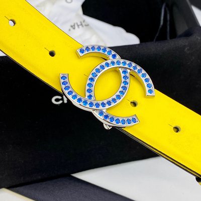 Chanel yellow patent leather belt features a signature interlocking CC buckle — 8