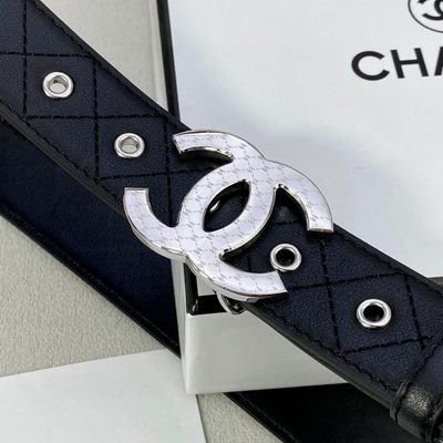 Chanel black quilted leather belt features a distinctive gold-toned CC logo buckle — 7