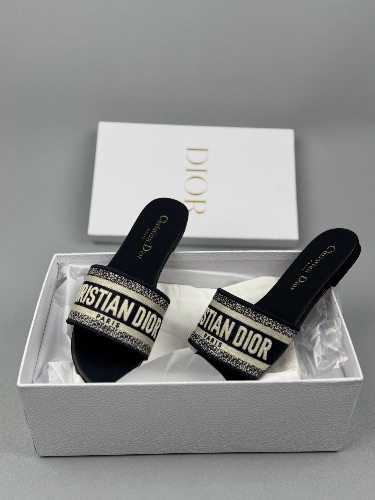 Christian Dior Dway black fabric embroidered slides