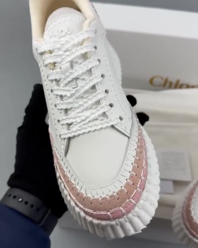 Chloé Nama leather and suede wedge sneakers in white and beige — 5