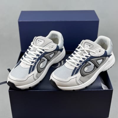 Dior B30 sneakers in white, gray, and navy blue technical fabric and mesh