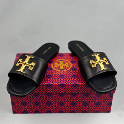 Tory Burch Eleanor slide sandals in black nappa leather with a gold-tone logo plaque — 3