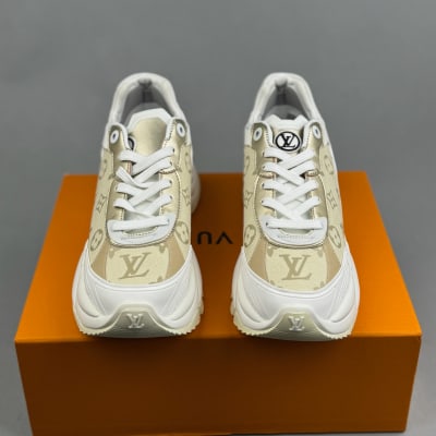 Louis Vuitton Run 55 sneakers in a white and gold monogram canvas design — 3