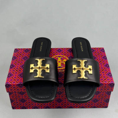 Tory Burch Eleanor slide sandals in black nappa leather with a gold-tone logo plaque — 4
