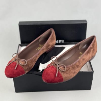 Chanel Suede Calfskin Cap Toe CC Ballerina Flats in a dark brown and burgundy colorway