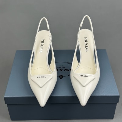 Prada Brushed Leather Slingback Pumps in white — 3