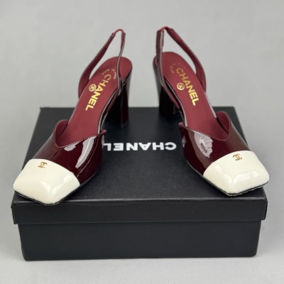Chanel Leather Square Toe Turn Lock CC Runway Pumps in a burgundy and white — 4