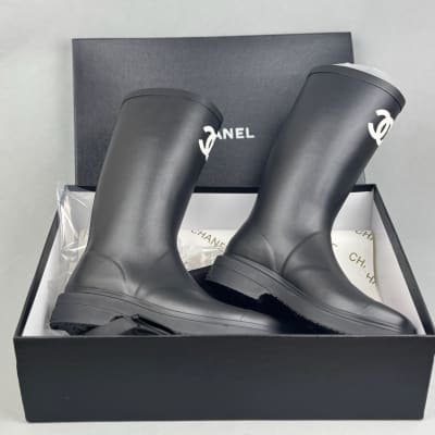 Chanel black rubber rain boots