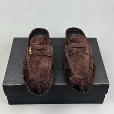 Saint Laurent Le Loafer suede penny loafers in a dark chocolate brown — 3