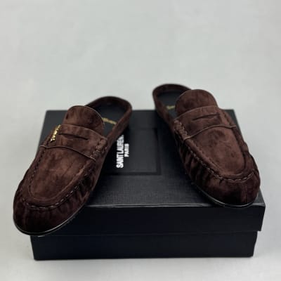 Saint Laurent Le Loafer suede penny loafers in a dark chocolate brown — 4